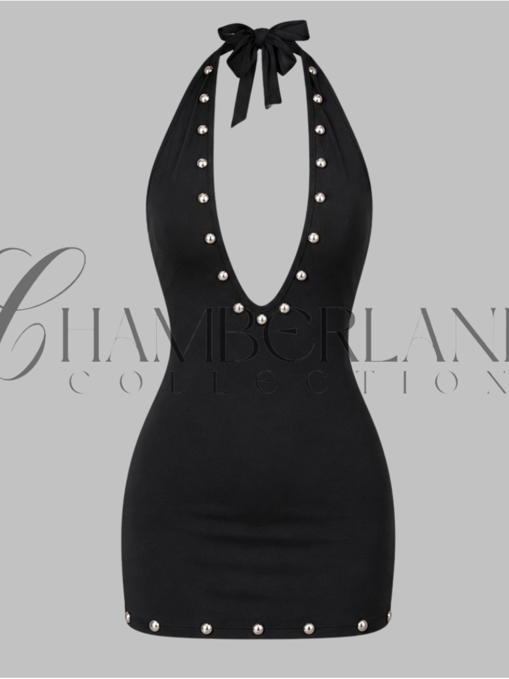 Black Studded Halter Tie Mini Dress